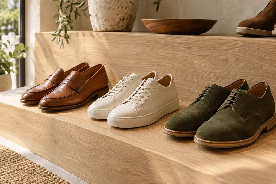 Mocasines, zapatillas y zapatos de ante en un expositor de zapatería