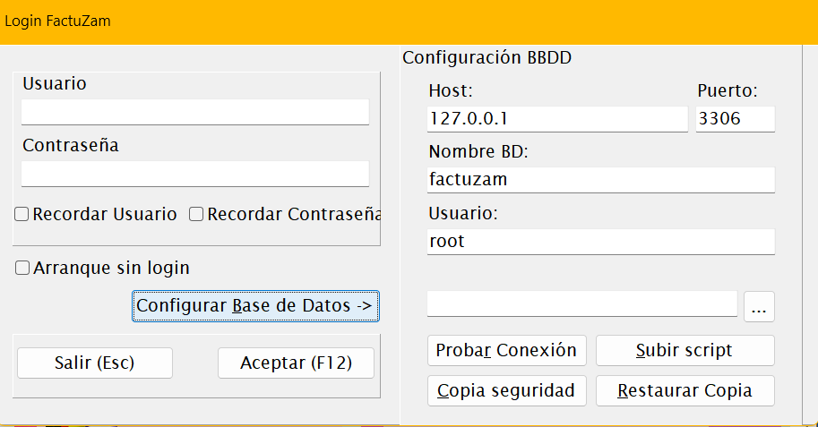Panel de configuración de BBDD
