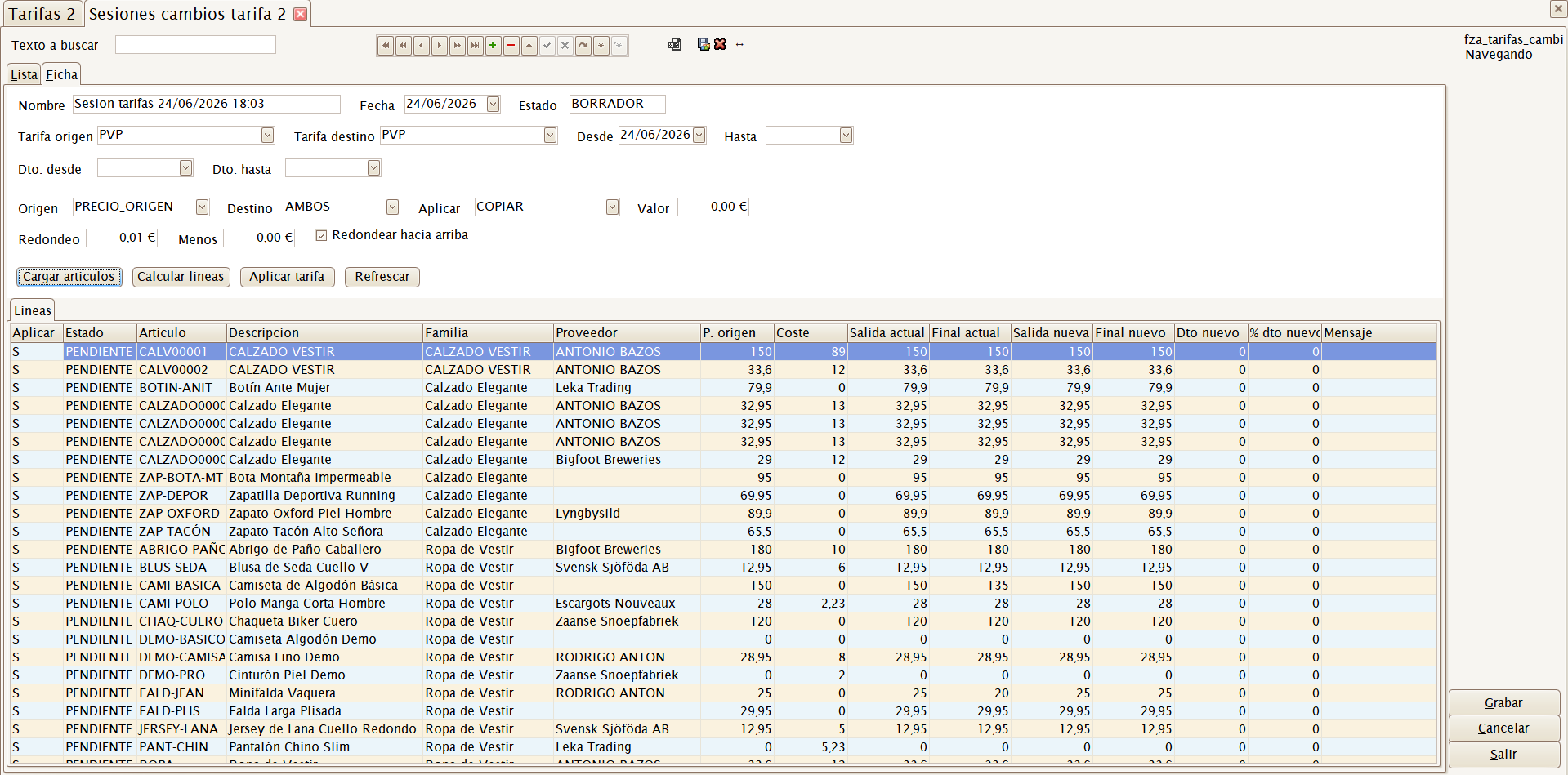 Sesión de cambios de tarifa