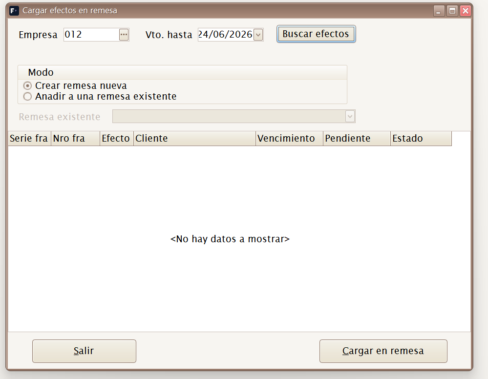 Cargar efectos en remesa de cobro