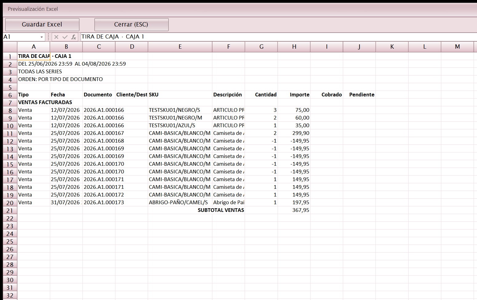 Resultado de la tira de caja en la previsualización Excel
