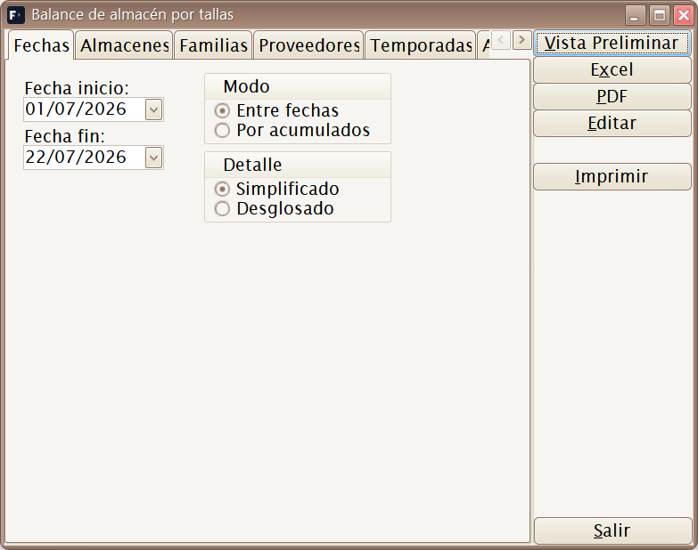 Filtros e informe del balance con tallas