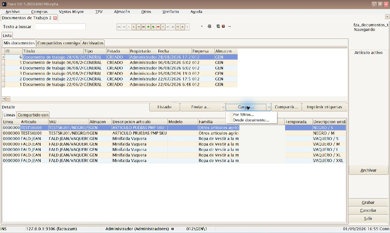 Menú Cargar de Documentos de Trabajo