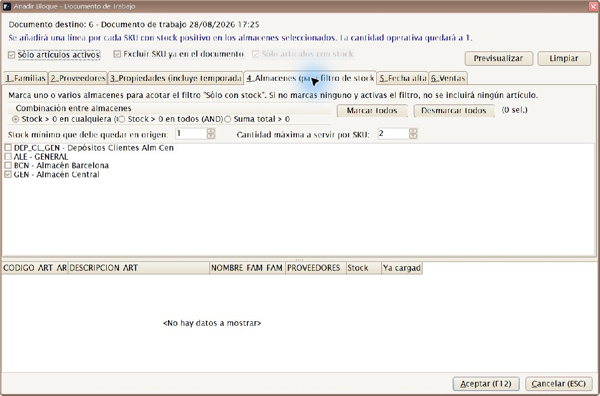Filtros de carga de Documentos de Trabajo