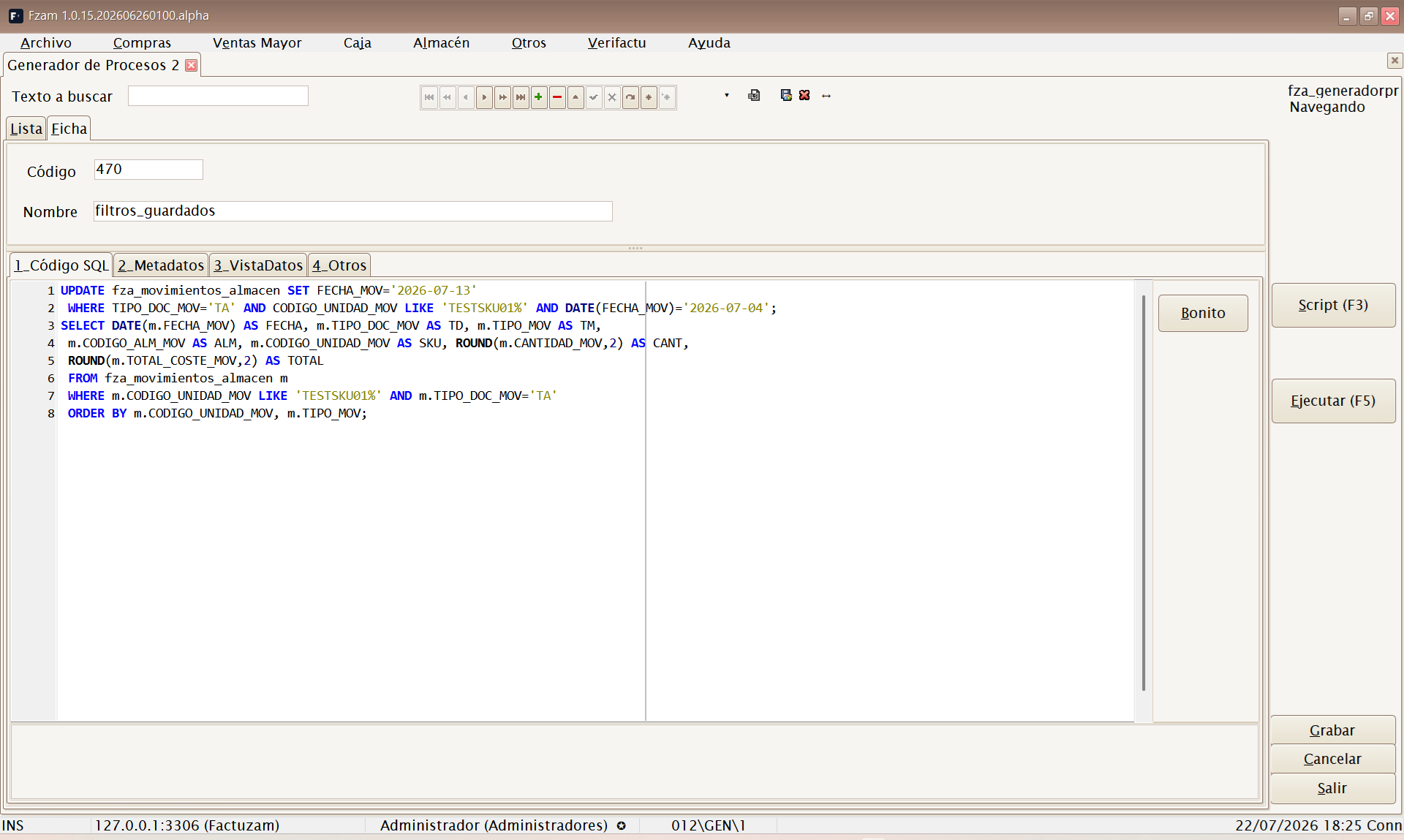 Generador de Procesos con la pestaña Código SQL