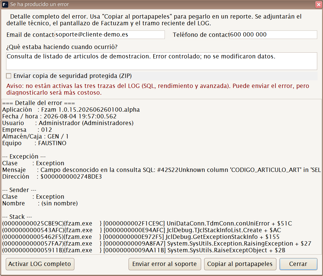 Diálogo para enviar un error al soporte