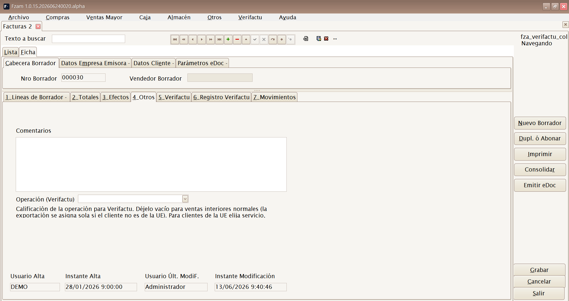 Tipo de operación Verifactu en borradores