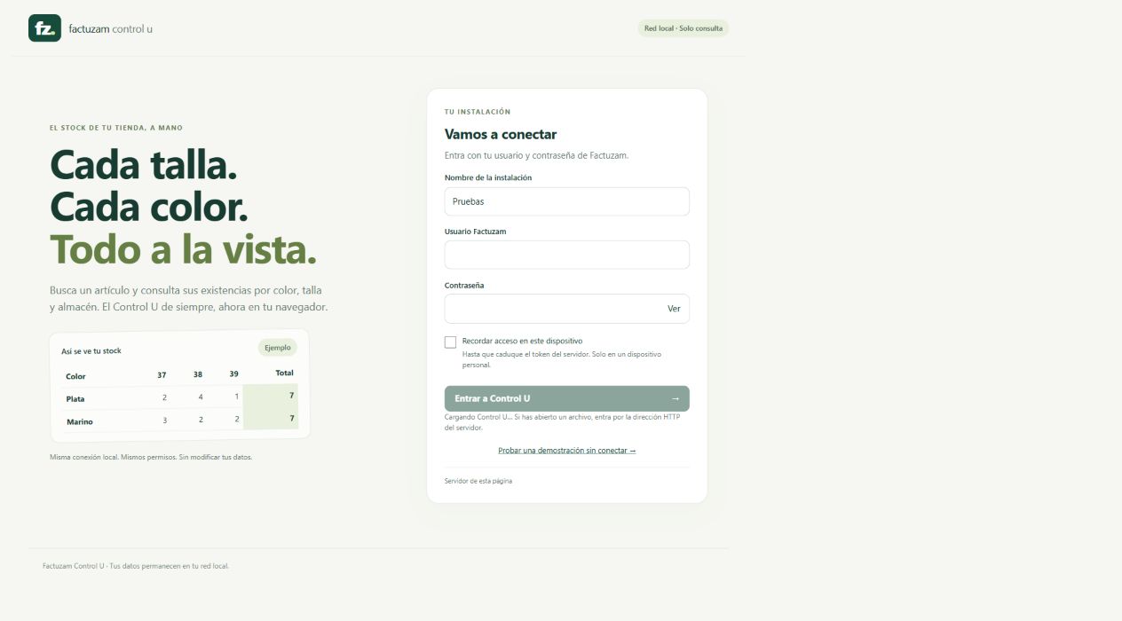 Acceso y ejemplo de existencias de Factuzam Control U