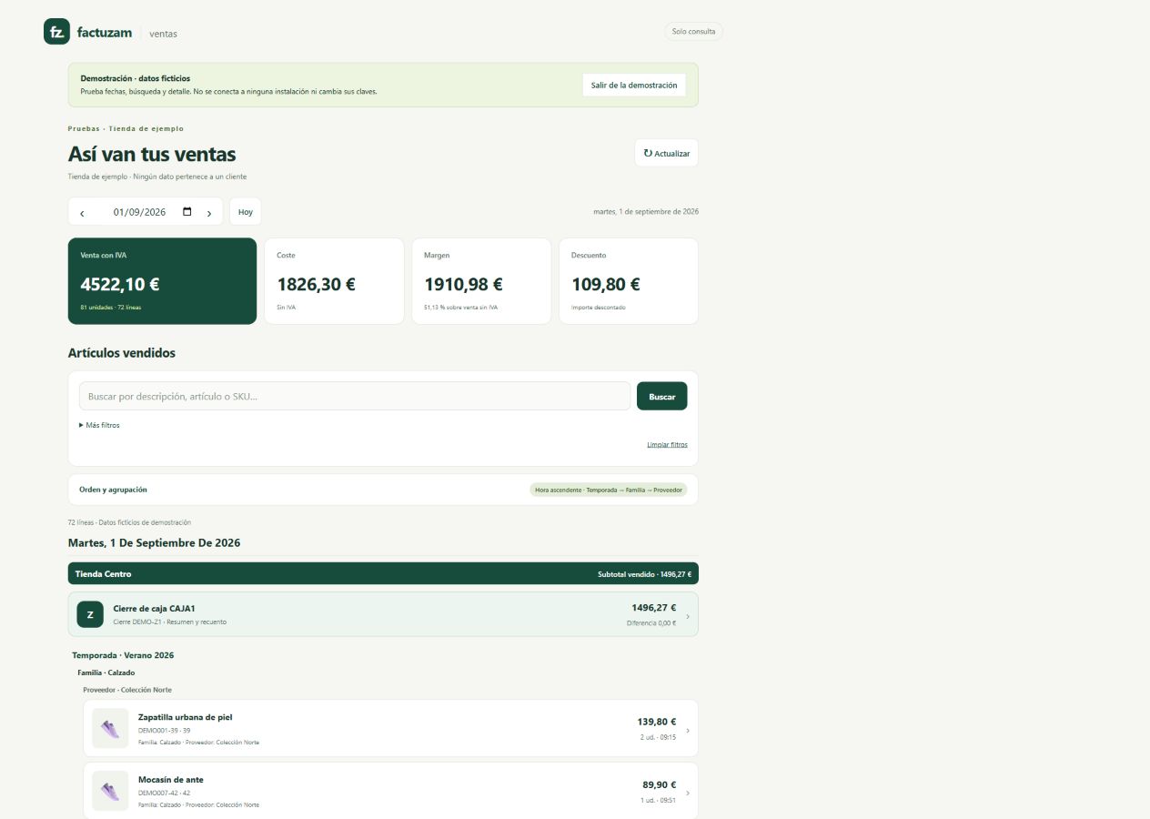 Web de ventas de Factuzam con datos ficticios